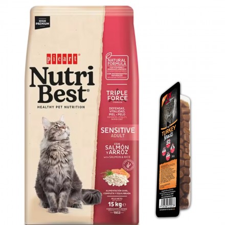 Nutribest Cat Adult Sensitive Salmón & Rice 15 Kg + Snacks 35gr Picart