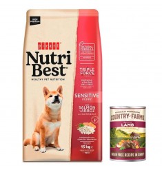 Nutribest Puppy Sensitive + lata 400gr pienso completo para cachorros, rico en salmón y arroz 15kg