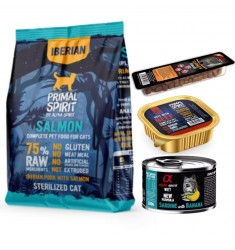 Alpha Spirit Pack Degustación Comida para Gatos 75% Ibérico Esterilizado Salmon 1kg + Tarrina 100gr + Lata 200gr + Snacks 50g
